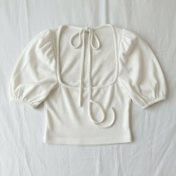 White Ribbed Crop Top – Puff Sleeve Stretch Knit Tee Size L - Picture 8 of 9